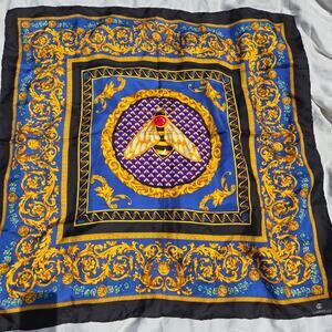 Vintage Charmelle Queen Bee Silk Scarf Rolled Hem Blue Gold Black